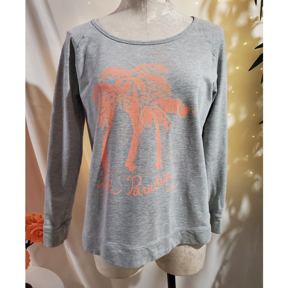 Lillly Pulitzer Palm Paradise Raglan Pullover Sweatshirt Size S Heathered Gray